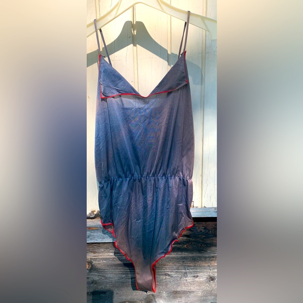 Grey and Red Satin Chemise with Lace Trim